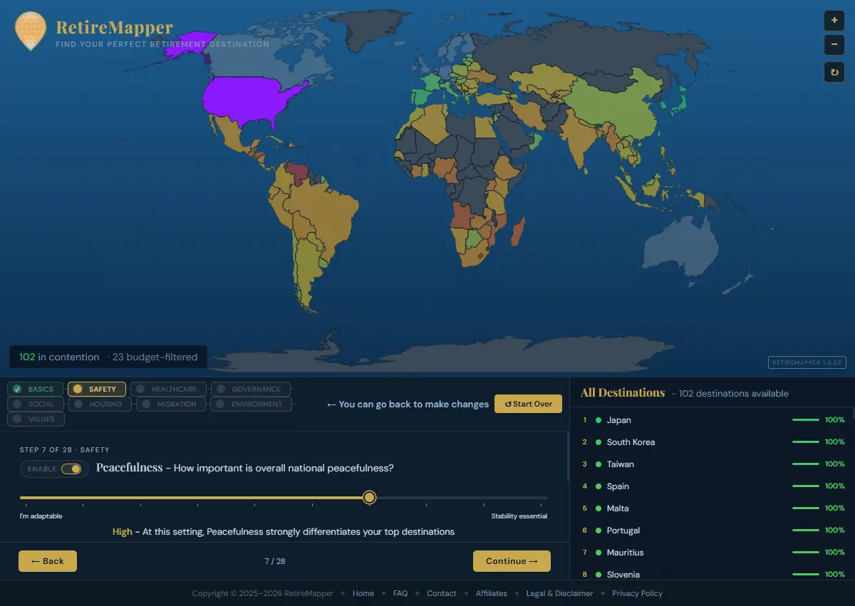RetireMapper interactive map showing retirement destinations ranked by your priorities